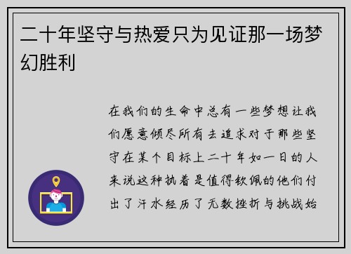 二十年坚守与热爱只为见证那一场梦幻胜利 二十年坚守与热爱只为见证那一场梦幻胜利